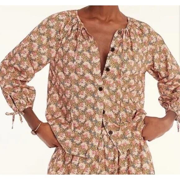J. Crew Collection Womens Tie Sleeve Button Up Top XXS Pink Orange Prism Floral - Picture 1 of 11